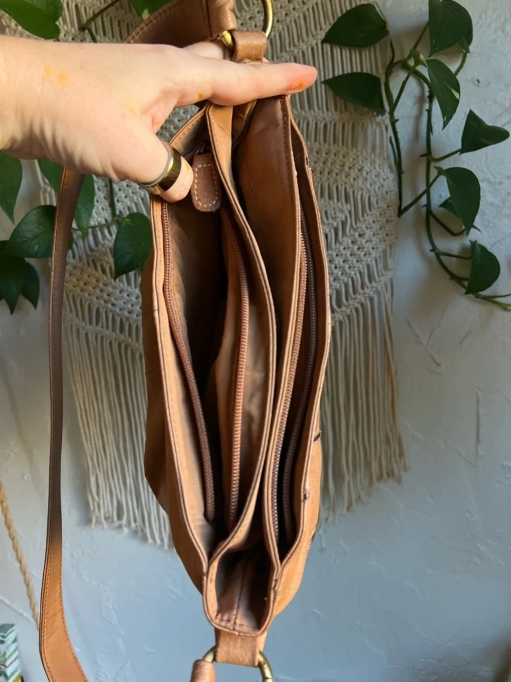 Vintage Boho Crossbody Bag Brown Patchwork Tooled Leather Style Slouchy Purse